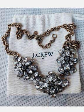 J. Crew Oxidized Brass Tone Clear Rhinestone Statement Necklace High Dome Style